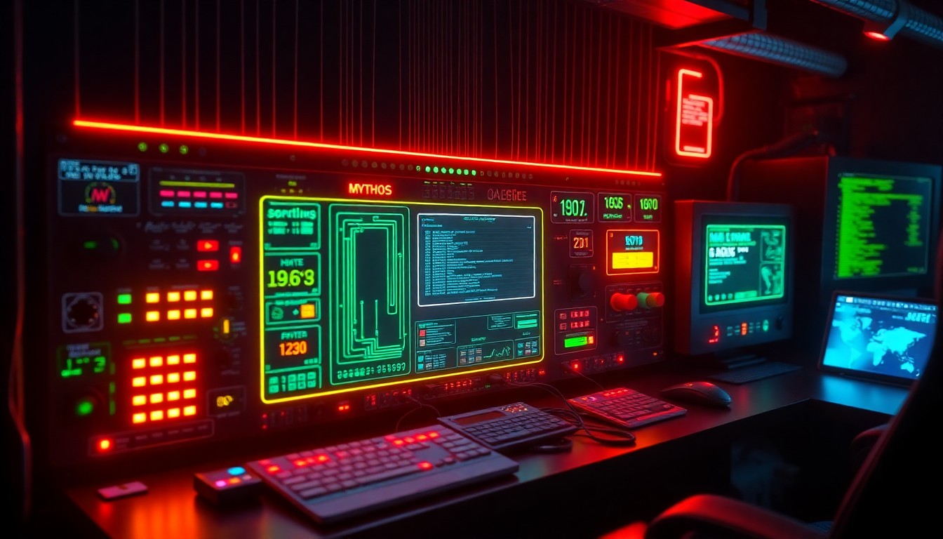 A highly detailed 3D illustration of a glowing, neon-lit cybersecurity control panel with various ports, cables, and digital readouts, surrounded by a dark, ominous backdrop to symbolize the high-stakes and high-risk nature of the Mythos AI model's capabilities.