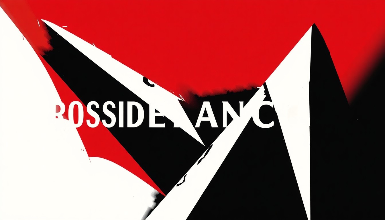 An abstract, geometric composition of bold black, white, and red shapes, representing the romantic and traditional themes of the play Crossing Delancey.