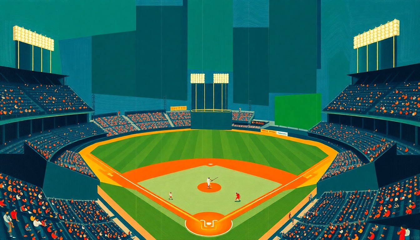 A fragmented, cubist-style painting depicting a baseball stadium and players on the field, broken down into sharp, overlapping geometric shapes in navy, green, and orange, conveying the complex financial forces shaping the sport.