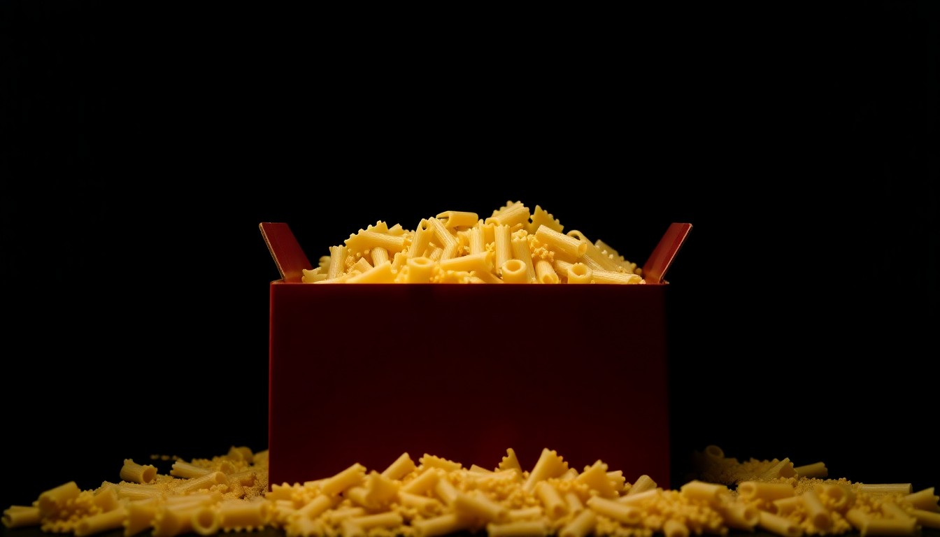 An extreme close-up photograph of a LEGO box filled with dry pasta, creating a stark, gritty, investigative aesthetic that conceptually illustrates a retail theft scheme.