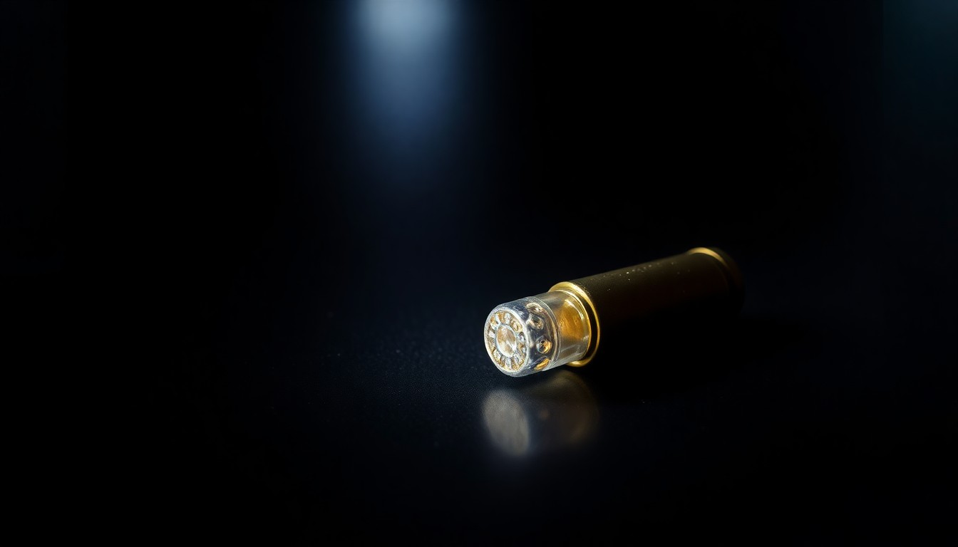An extreme close-up photograph of a single spent bullet casing on a dark surface, lit by a harsh, direct camera flash, conceptually representing the violent incident outside the Islamic School of Portland and the ongoing legal deliberations.