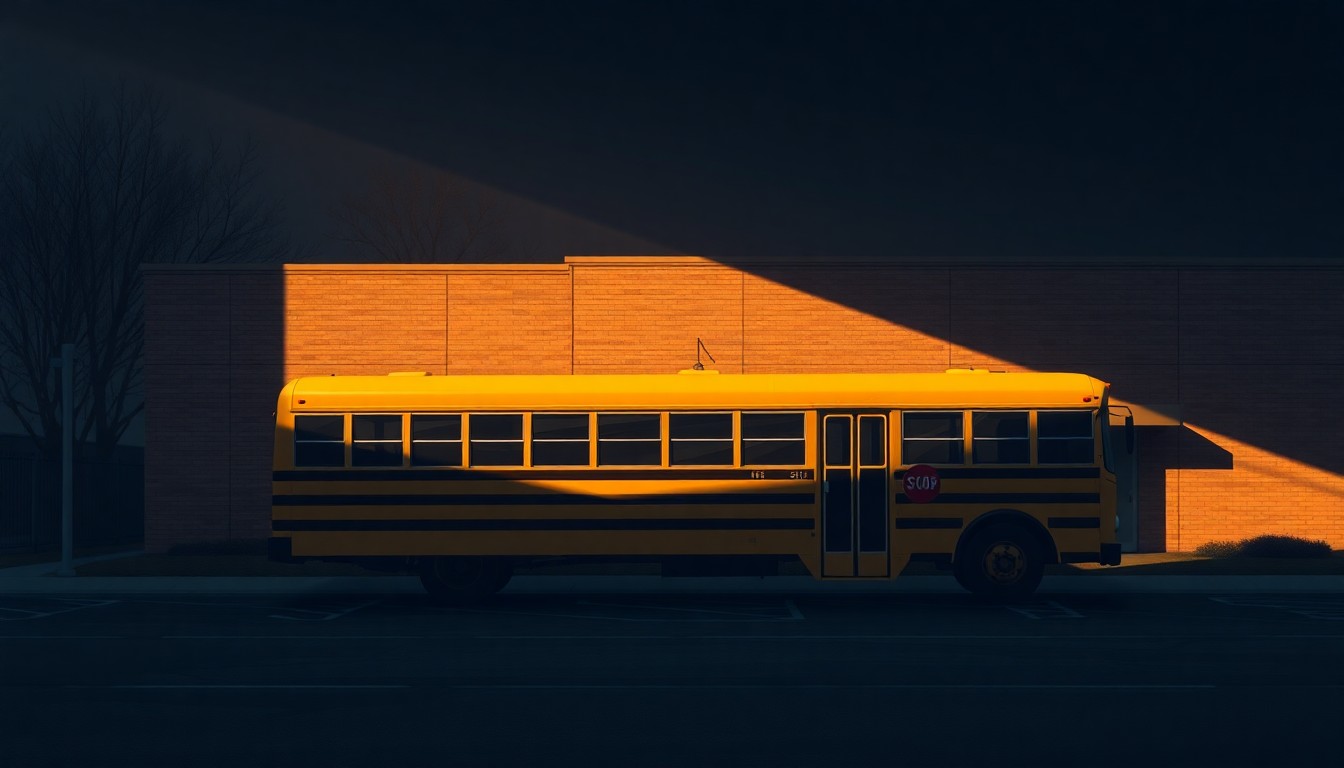 A serene, nostalgic painting of a school bus parked outside a simple school building, with warm sunlight and deep shadows creating a contemplative mood around the scene.