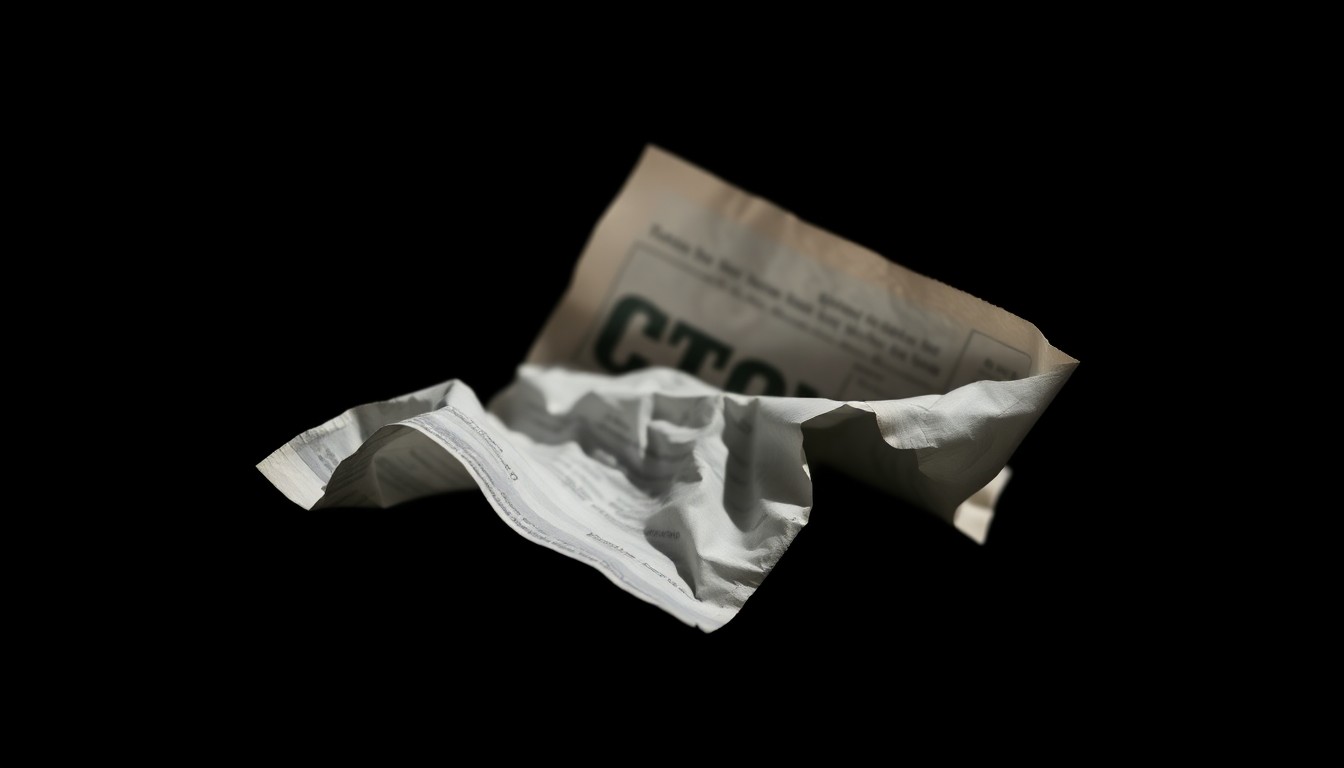 An extreme close-up of a crumpled financial document reflecting a harsh, direct camera flash, conceptually representing the gritty details of a fraud investigation.