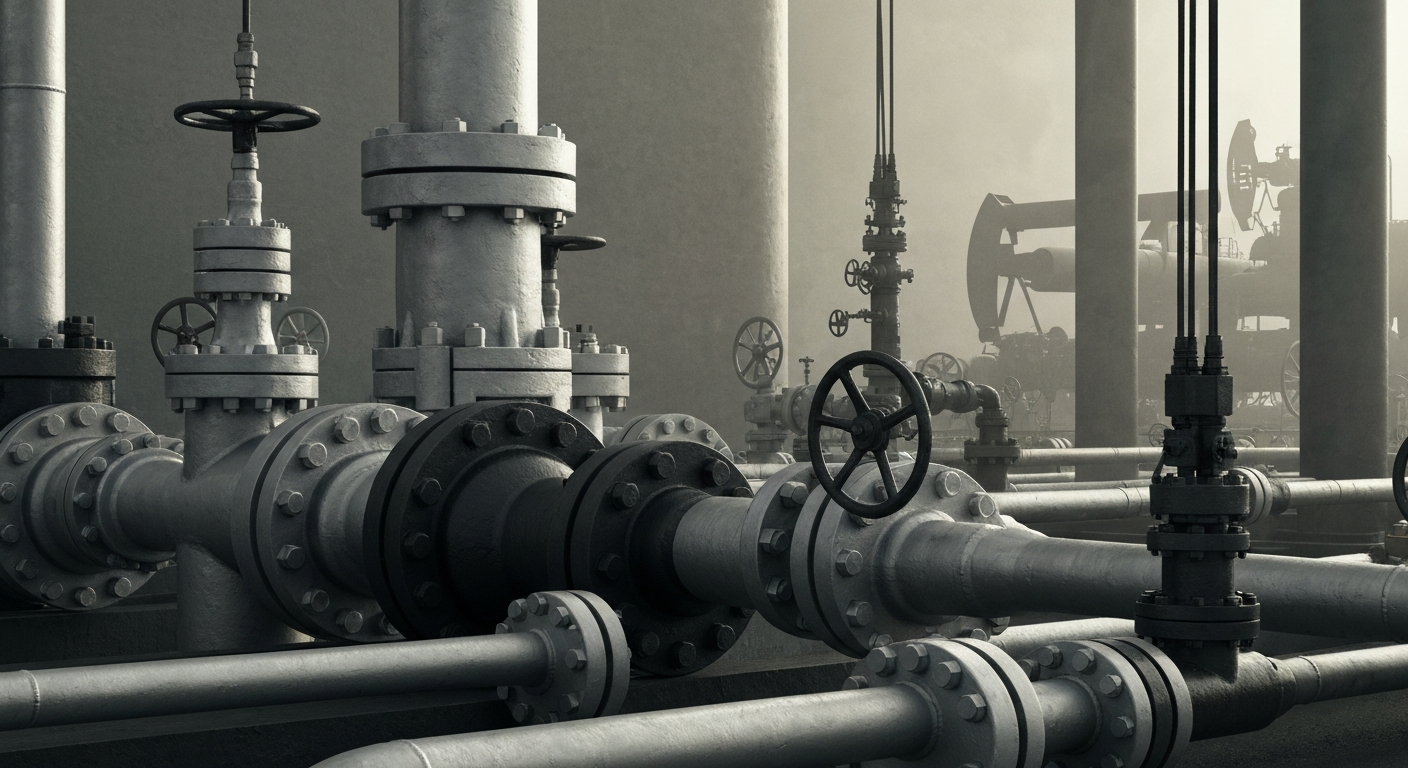 A highly detailed, cinematic close-up image of industrial oil and gas equipment, including pumps, valves, and pipelines, conveying the technical complexity and scale of the energy sector.