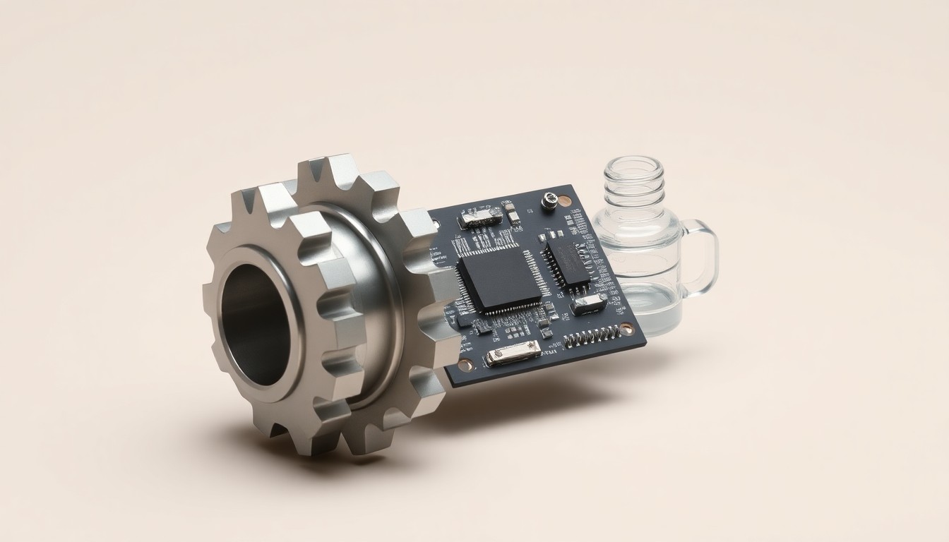 A photorealistic studio still life featuring a polished metal gear, a sleek circuit board, and a smooth glass insulator, symbolizing the advanced technology and competitive forces within the electrical machinery sector.