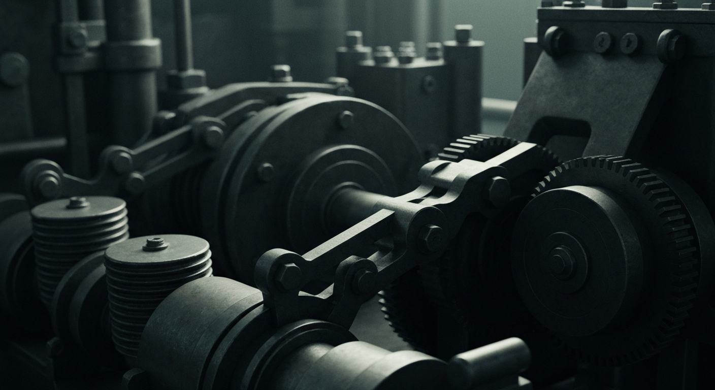 An extreme close-up of gears, levers, and metal casings that make up the heavy, industrial mechanics of the financial system, conveying a sense of the tangible power and security underlying banking and investments.