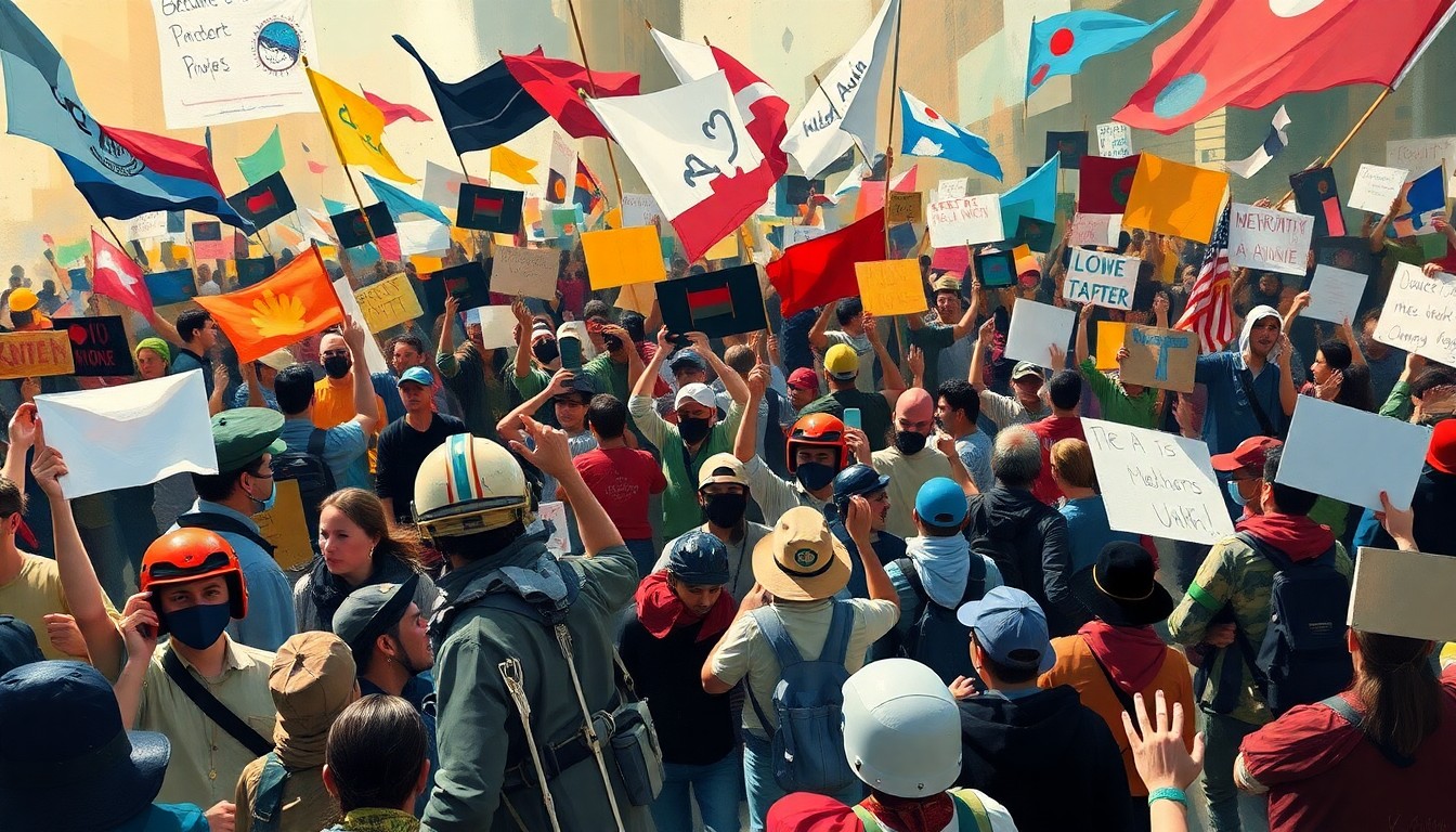 A vibrant, abstract painting depicting a crowd of protesters in motion, with overlapping geometric shapes and waves of color representing the energy and chaos of the demonstrations.