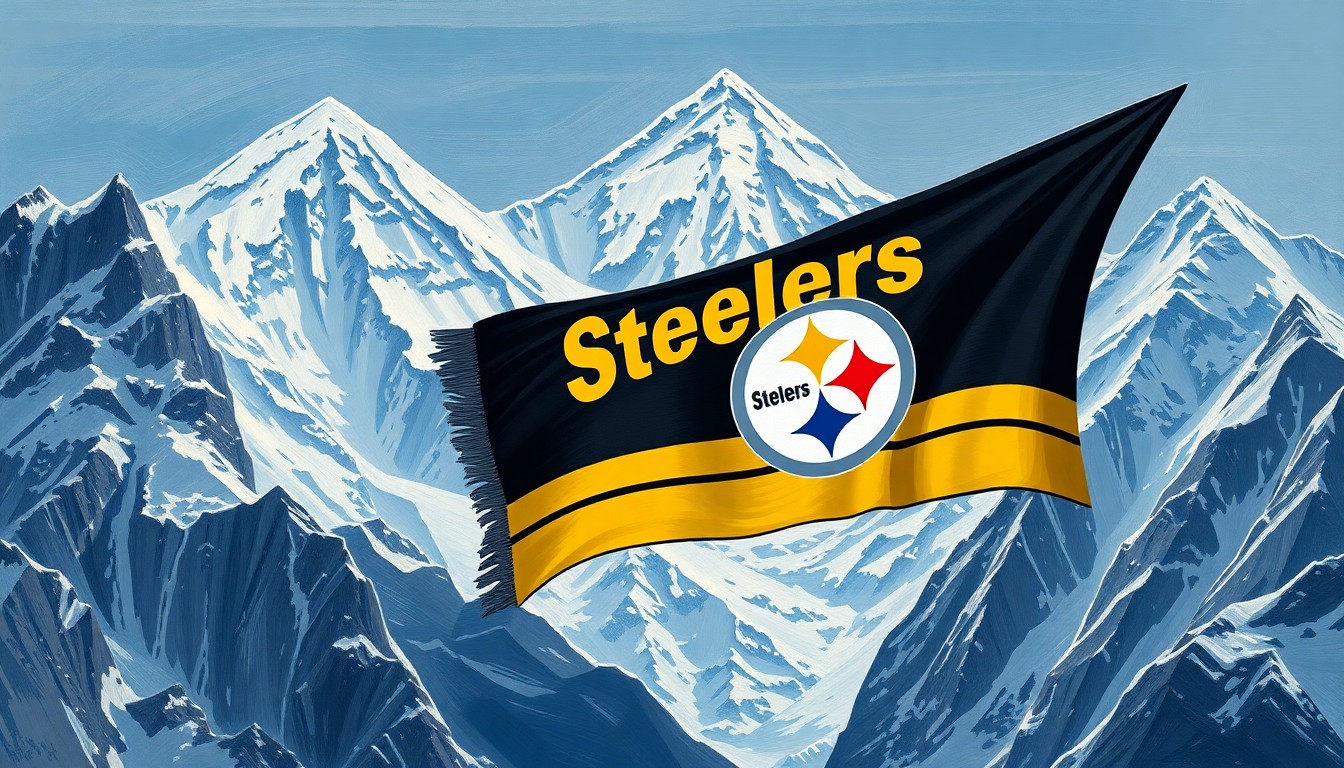 A fractured, cubist-style painting depicting a Steelers Terrible Towel being waved amidst the jagged, snow-capped peaks of Mount Everest, capturing the emotional connection between sports fandom and personal loss.