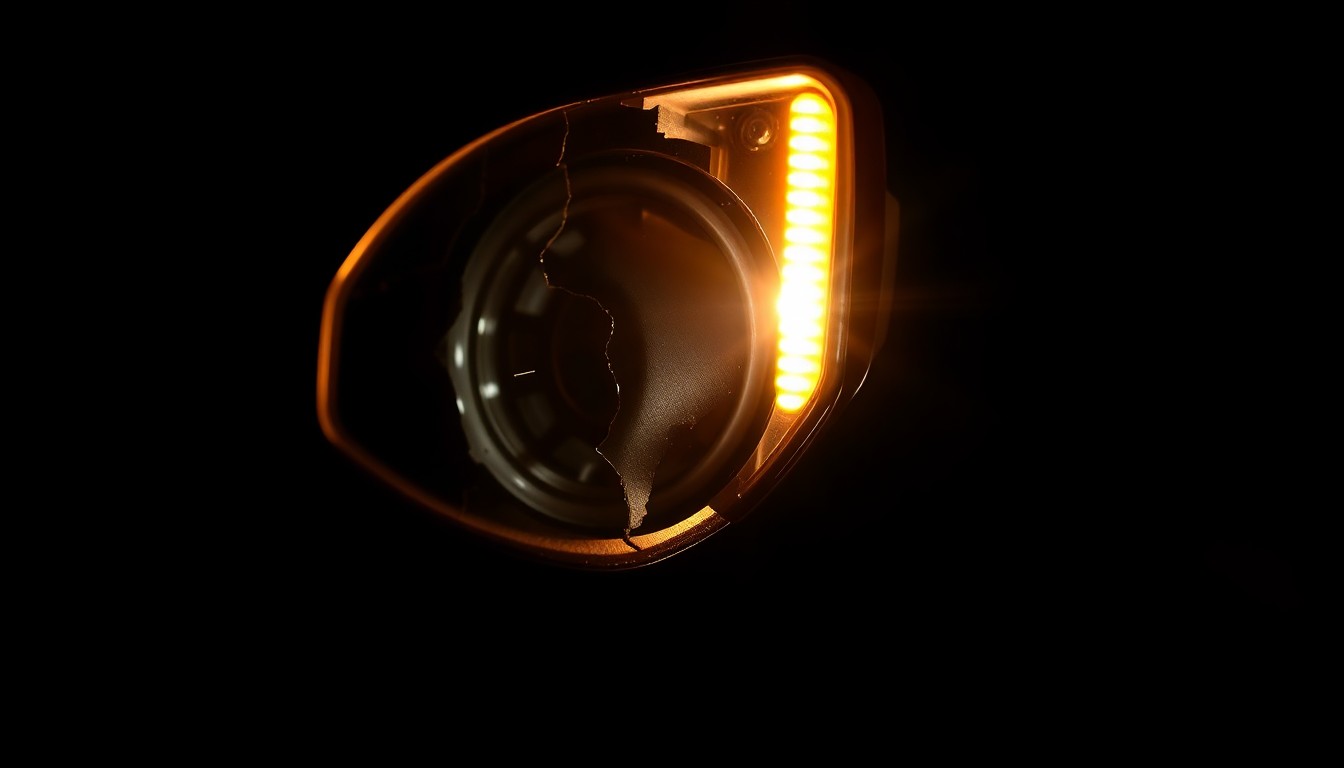 An extreme close-up photograph of a damaged electric motorcycle part, such as a shattered mirror or broken turn signal, lit by a harsh, direct camera flash against a pitch-black background, conceptually illustrating the aftermath of a serious collision involving an electric vehicle.