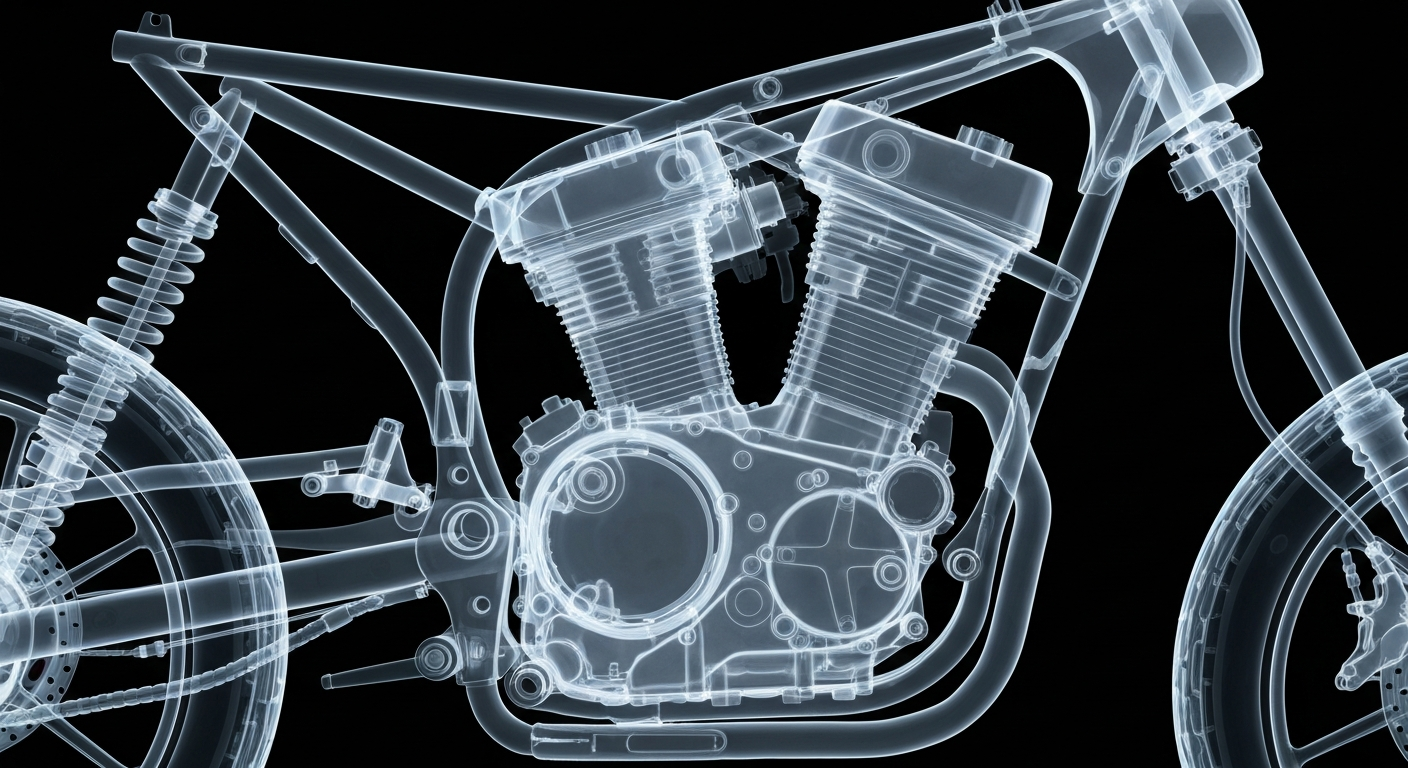 A translucent, ghostly X-ray photograph revealing the internal components of a motorcycle, including the engine, frame, and other structures, against a dark background, conceptually illustrating the fragility of the human body in high-impact collisions.