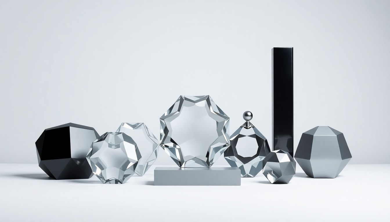 A high-end, photorealistic studio still-life featuring a collection of premium, polished geometric objects arranged elegantly on a clean, monochromatic background. The objects symbolize the abstract concepts of coordination, inclusion, and reinvention that define the future of leadership in a volatile world.