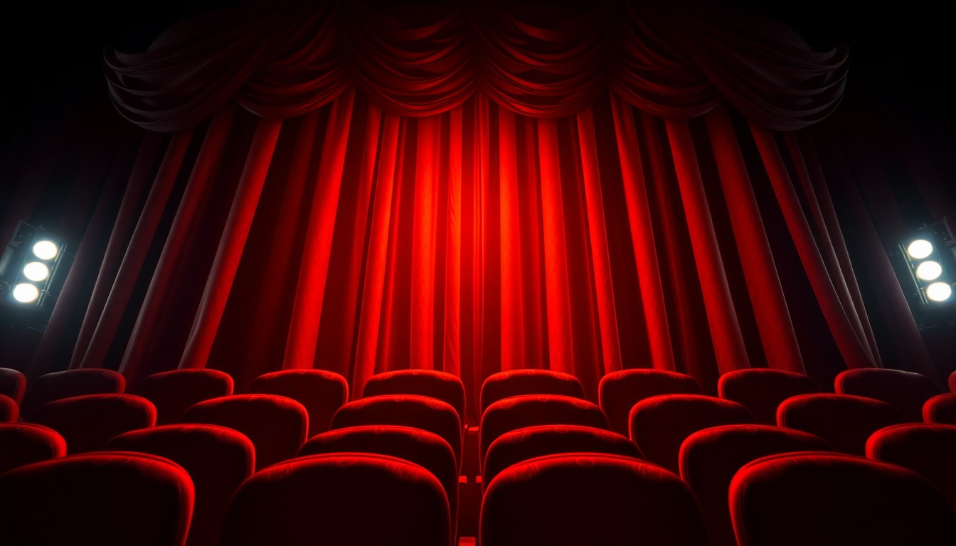 An extreme close-up of the plush, velvety curtains of a classic movie theater, bathed in dramatic, high-contrast lighting that creates a glamorous, high-fashion aesthetic.