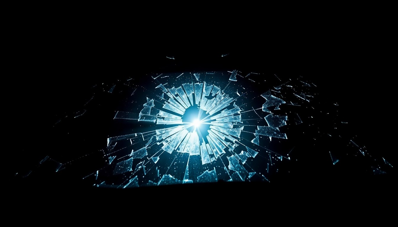 An extreme close-up photograph of a shattered car windshield, capturing the harsh, gritty aftermath of a tragic collision that occurred during a police pursuit.