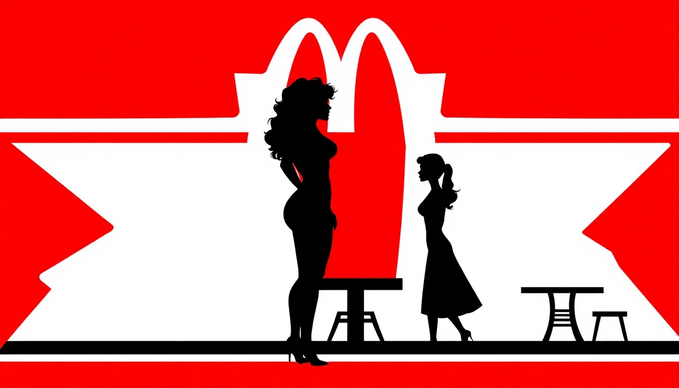 An abstract, minimalist illustration featuring stark black silhouettes and geometric shapes in high-contrast red and white, conceptually representing the physical altercation between two people without depicting any specific individuals or details.