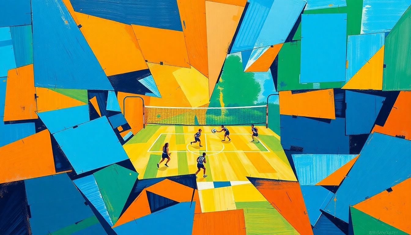 A cubist, geometric painting depicting a volleyball match, with sharp, overlapping planes of color representing the dynamic action and energy of the game.