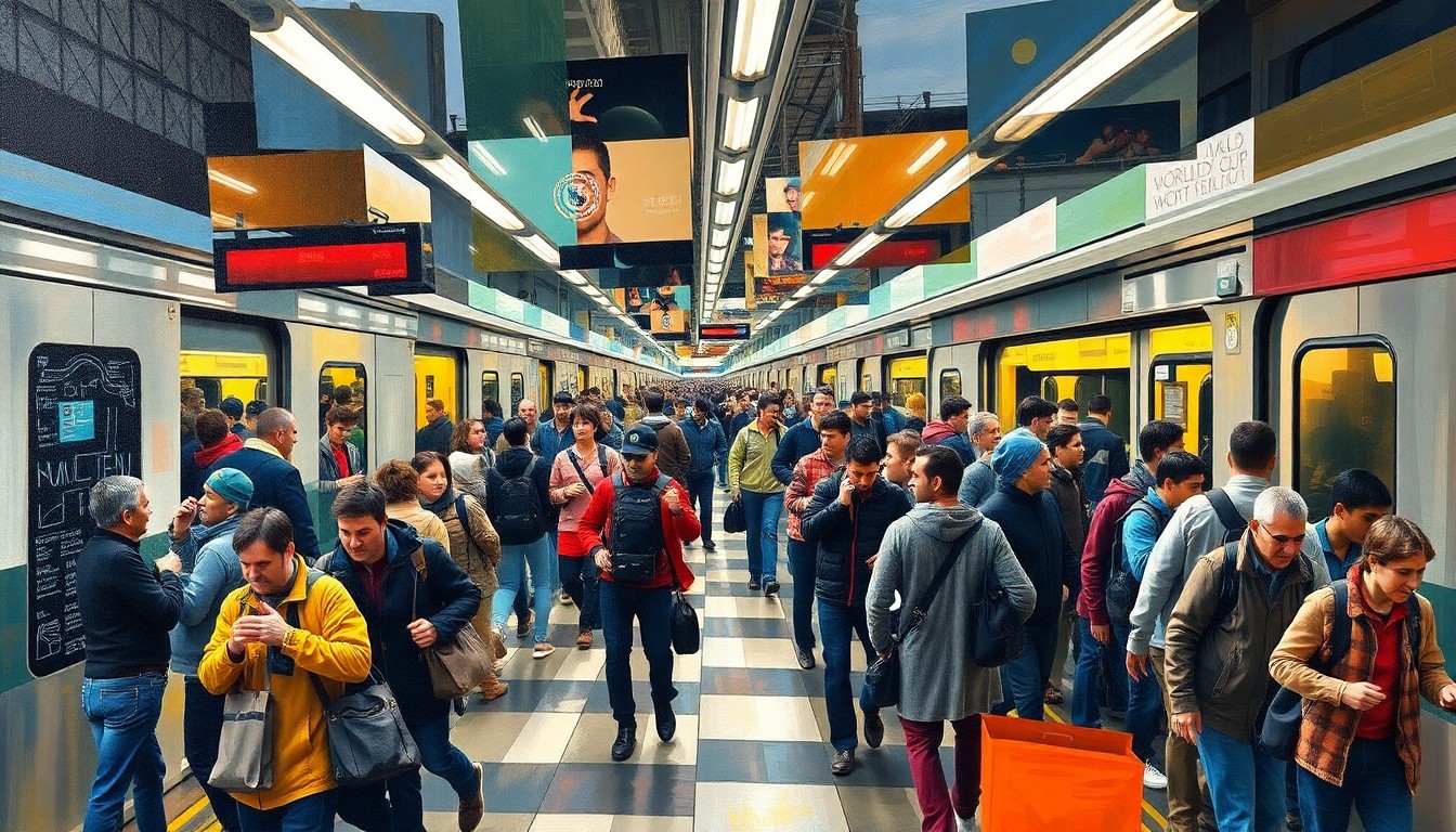 A fragmented, cubist-style painting depicting a chaotic train platform with commuters rushing to catch a train, the scene broken down into sharp, overlapping geometric shapes and planes in vibrant colors, conceptually representing the tensions over World Cup transportation costs.