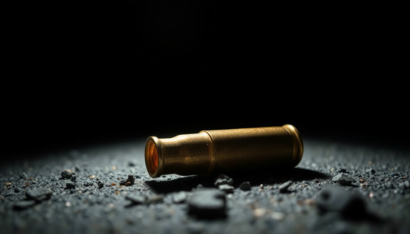 An extreme close-up photograph of a single spent shell casing on the ground, lit by a harsh, direct camera flash against a pitch-black background, capturing the stark, gritty aftermath of a tragic act of gun violence.