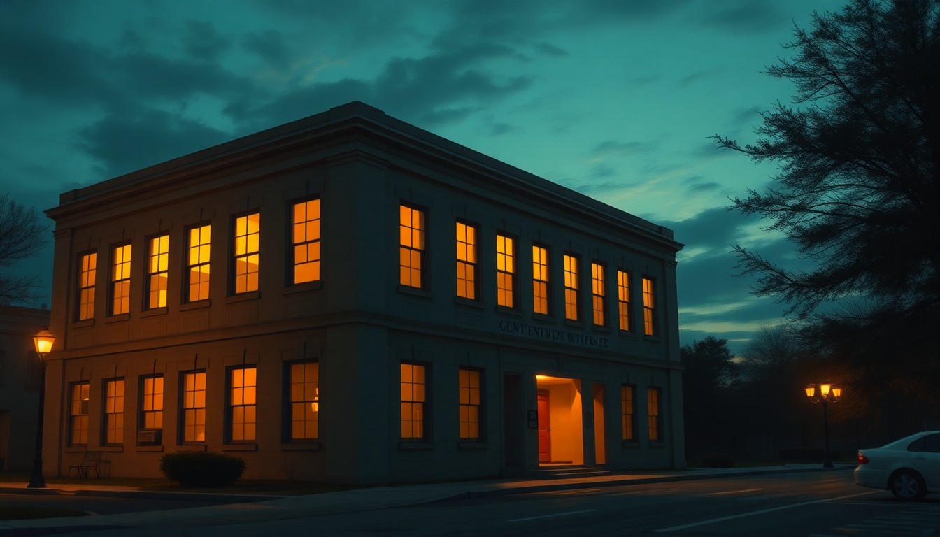 A quiet, cinematic painting of a county government office building at dusk, with warm diagonal sunlight streaming through the windows and deep shadows cast across the facade, conveying a sense of civic duty and community investment.