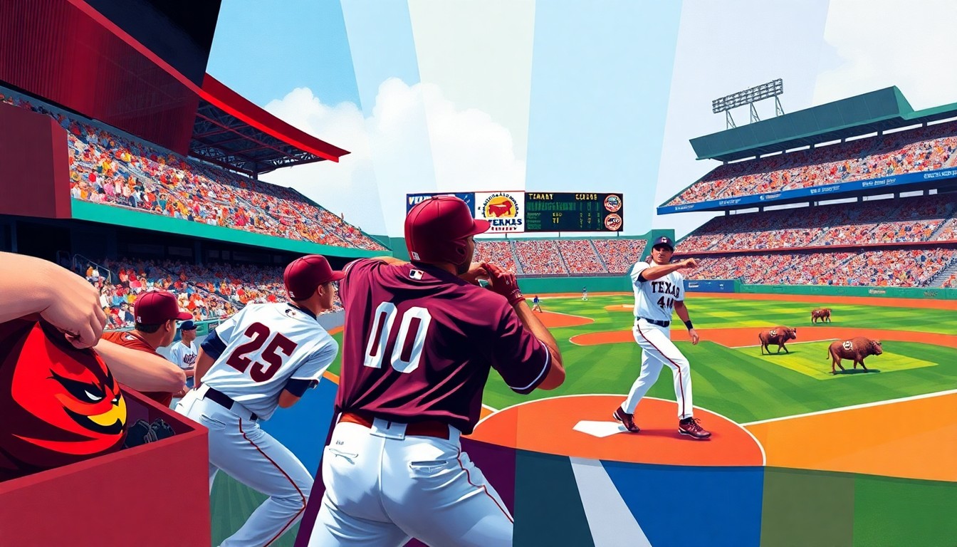 A fractured, cubist-style painting depicting the action of a baseball game, with sharp geometric shapes and planes of color representing the players, field, and stadium. The vibrant colors of the teams' uniforms are the focal point, creating a dynamic and energetic visual representation of the intense matchup.