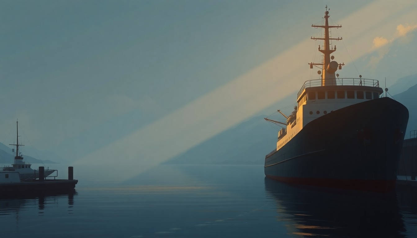 A serene painting of an icebreaker ship docked in an Alaskan harbor, with warm sunlight casting long shadows across the scene, capturing the quiet importance of this investment in Arctic security.