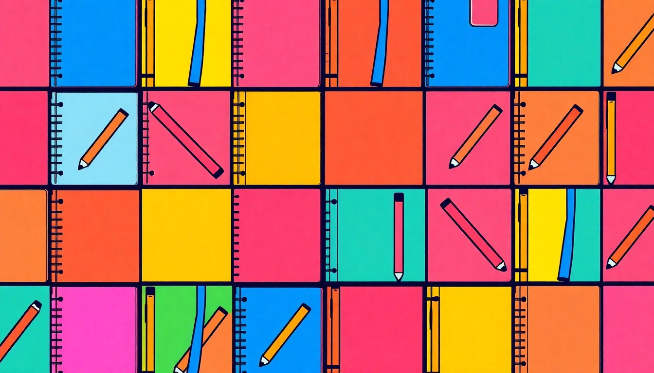 A brightly colored, high-contrast silkscreen print of a single, iconic school supply item repeated in a tight grid pattern, capturing the energy and creativity of an educator who inspires their students.