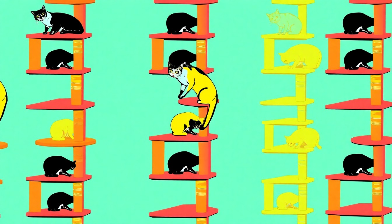 A brightly colored, high-contrast silkscreen print of a stylized cat climbing on a geometric cat tree structure, repeated in a tight grid pattern, capturing the playful and creative spirit of the DIY workshop.