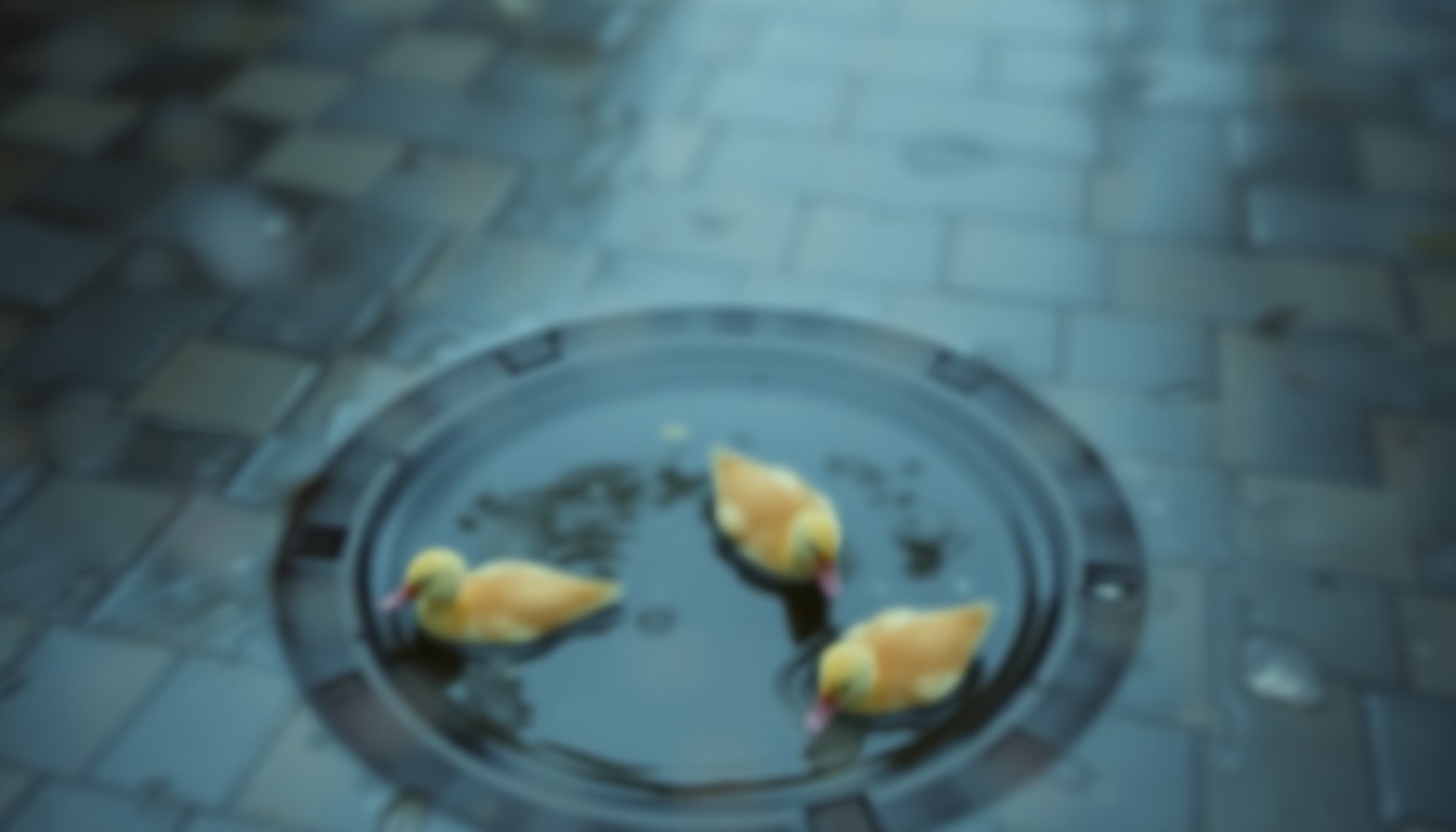 An abstract, impressionistic photograph showing the blurred outline of a storm drain partially obscured by water droplets, with a faint reflection of ducklings swimming nearby, conveying the perilous situation these baby animals can face.