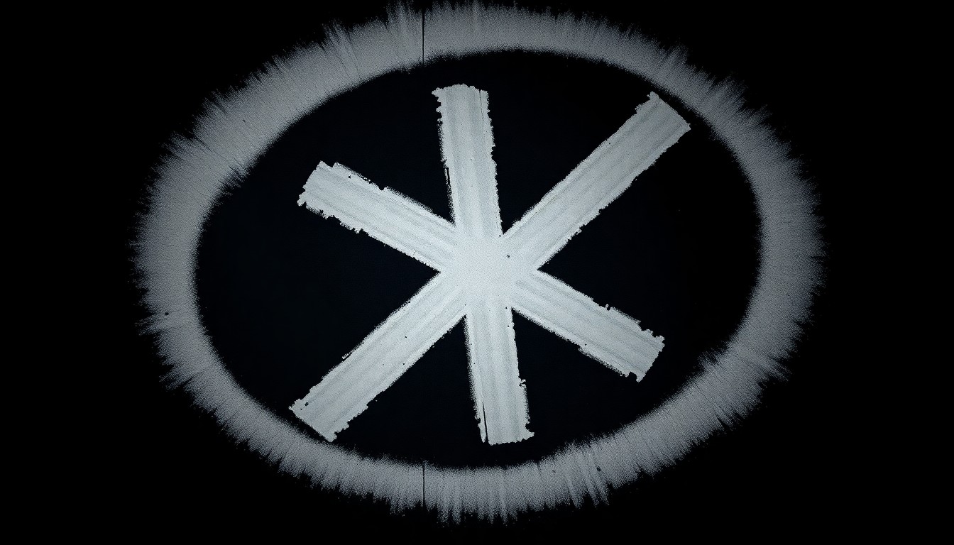 An extreme close-up photograph of a spray-painted swastika symbol against a pitch-black background, creating a stark, gritty, investigative aesthetic through the use of harsh, direct camera flash lighting.