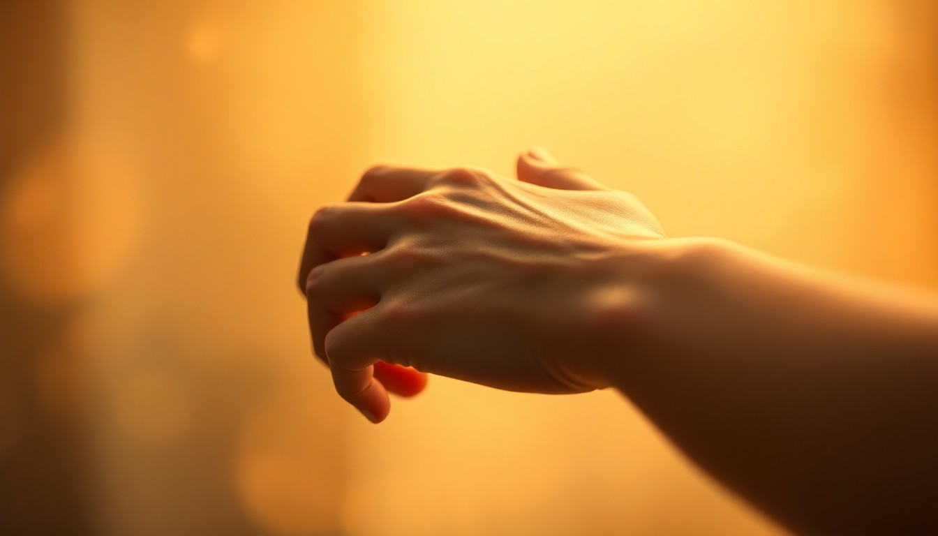 An abstract, out-of-focus photograph in warm, soft tones depicting a person's hand gently touching their own arm, conveying a sense of personal reclamation and healing.
