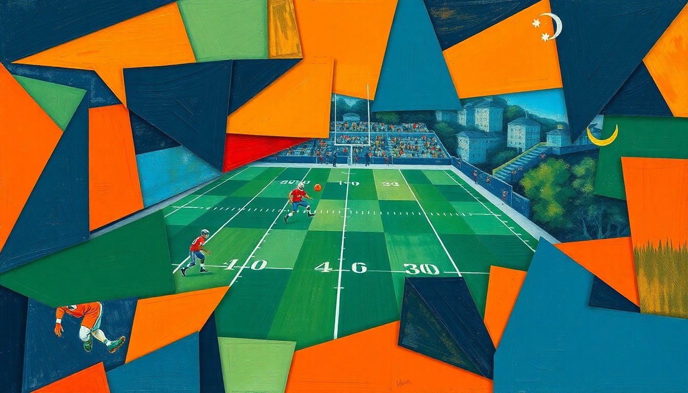 A cubist, geometric painting depicting a fragmented football game, with sharp planes of navy, green, and orange overlapping to create a dynamic, abstract composition.