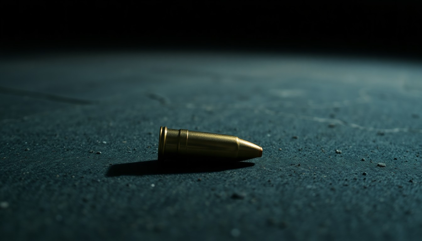 An extreme close-up of a single spent shell casing on a dark concrete surface, creating a stark, investigative visual metaphor for a tragic shooting incident.