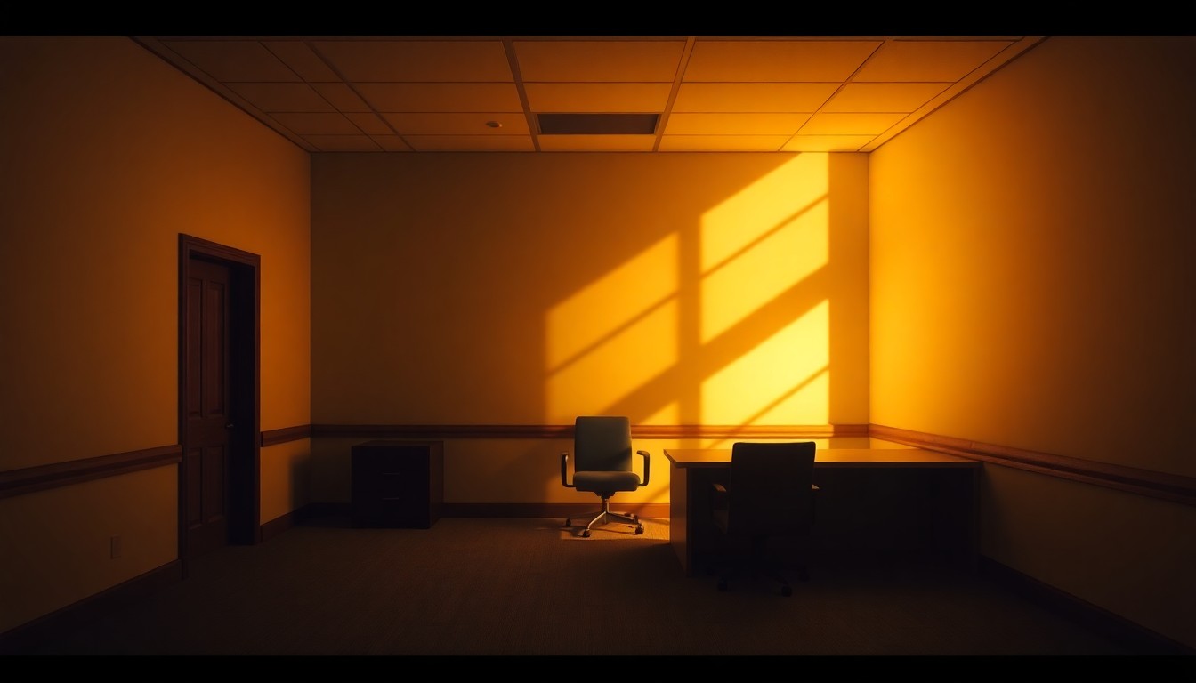 A dimly lit, cinematic government office space with warm sunlight streaming in through the windows, casting long shadows across the empty desks and chairs, creating a sense of unease and political tension.