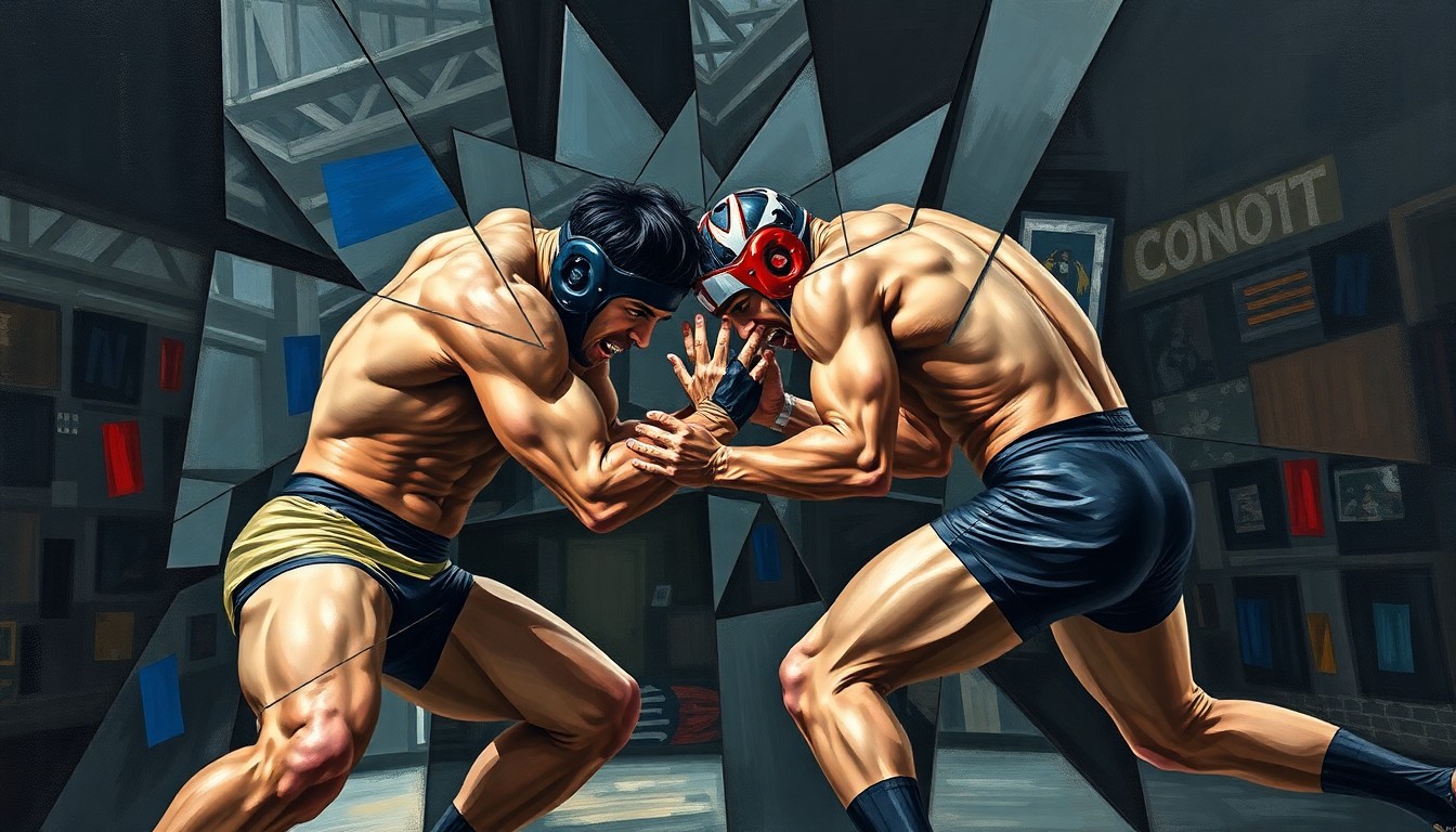 A cubist, geometric painting depicting the dynamic movements and tangled limbs of two wrestlers engaged in a fierce match, with no identifiable faces or logos, capturing the competitive energy of the upcoming AEW World Title bout.