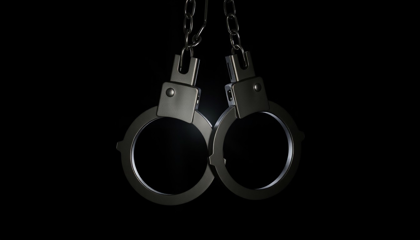 An extreme close-up photograph of a pair of handcuffs against a pitch-black background, lit by a harsh, direct camera flash, conceptually representing the serious legal consequences for those found guilty of crimes against minors.