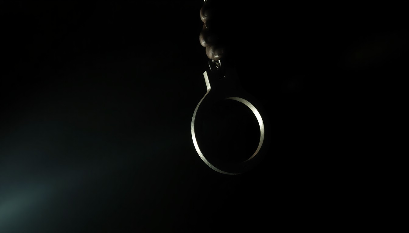 An extreme close-up photograph of a handcuff or other small police evidence item, lit by a harsh, direct camera flash against a pitch-black background, conveying a stark, gritty, investigative aesthetic.