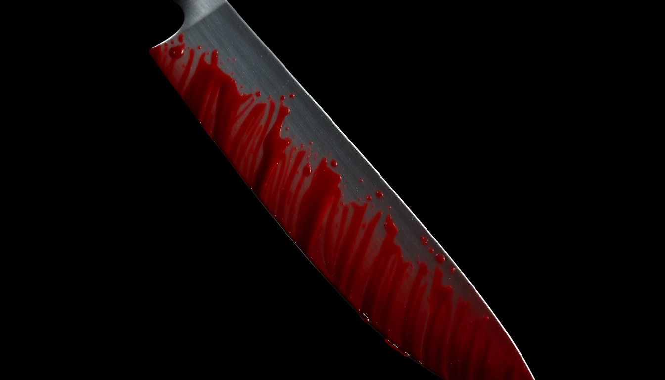 An extreme close-up of a bloody knife, the harsh flash illuminating the gritty, visceral details of the weapon used in a violent crime.