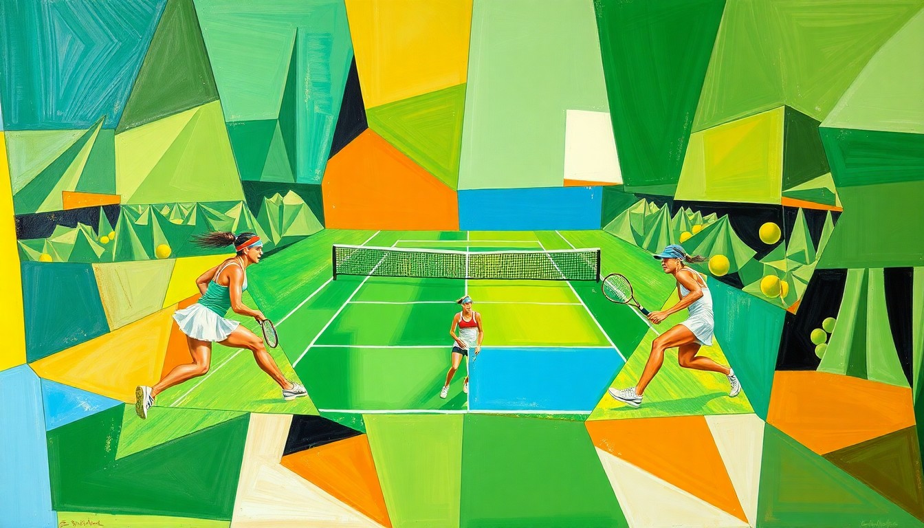 A cubist, geometric painting depicting a fragmented, multi-angled view of a women's tennis match, with sharp planes of bright green, blue, and orange hues conceptually representing the energy and excitement of the international tournament.