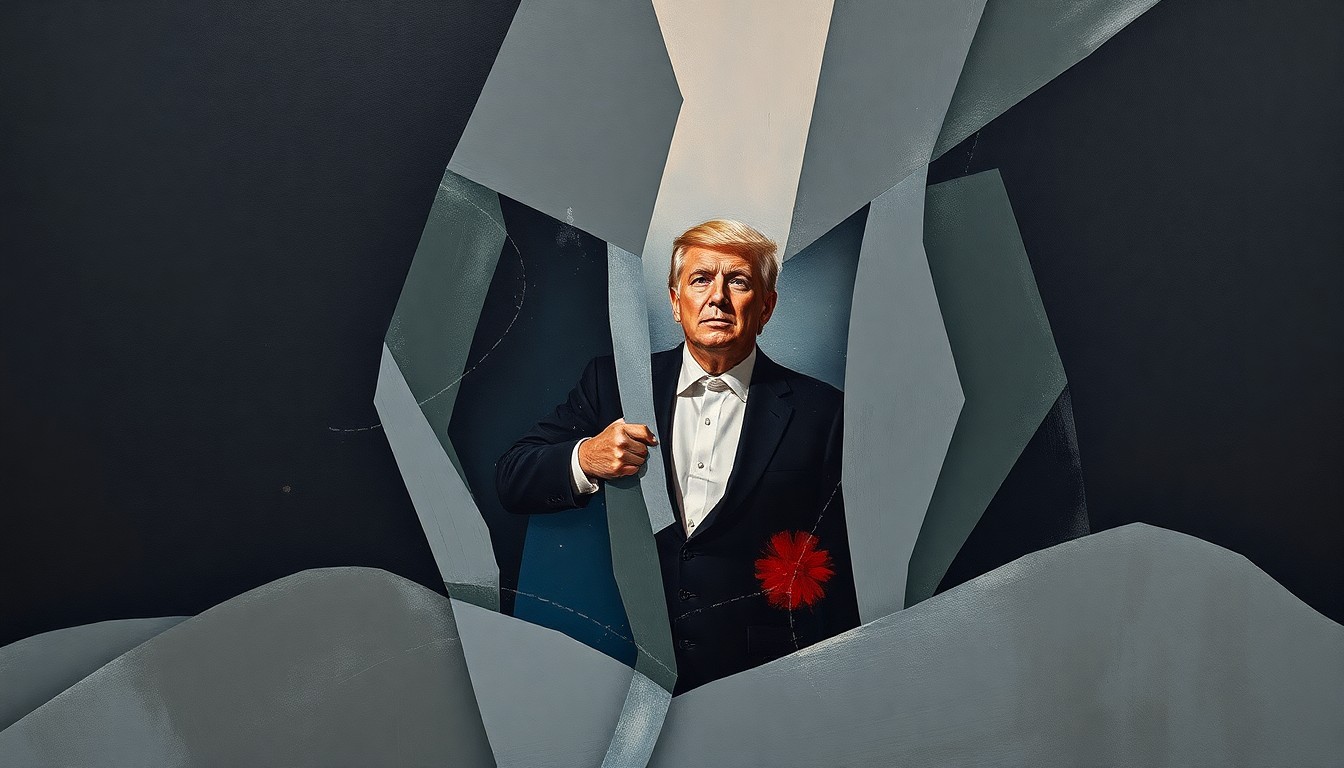 A fractured, abstract painting in dark colors depicting a stylized figure representing the clash between political and religious leaders.