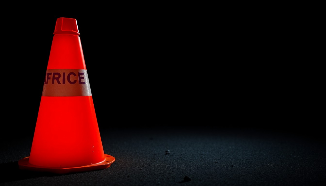 An extreme close-up photograph of a discarded traffic cone on the ground, lit by a harsh, direct camera flash against a pitch-black background, conceptually representing the physical evidence left behind by a suspect who fled a traffic stop.