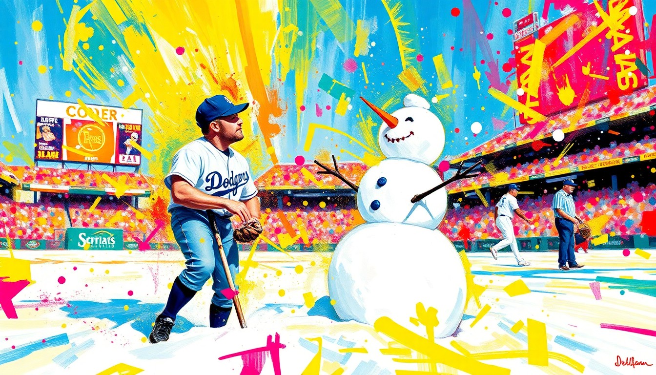 An extreme close-up of Emmet Sheehan's hands sculpting a snowy figure, the vibrant colors and rapid brushstrokes capturing the raw energy and playfulness of the moment.