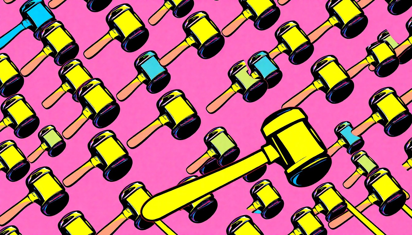 A brightly colored, high-contrast silkscreen print of a gavel repeated in a tight grid pattern, representing the iconic legal imagery associated with the Mock Trial competition.