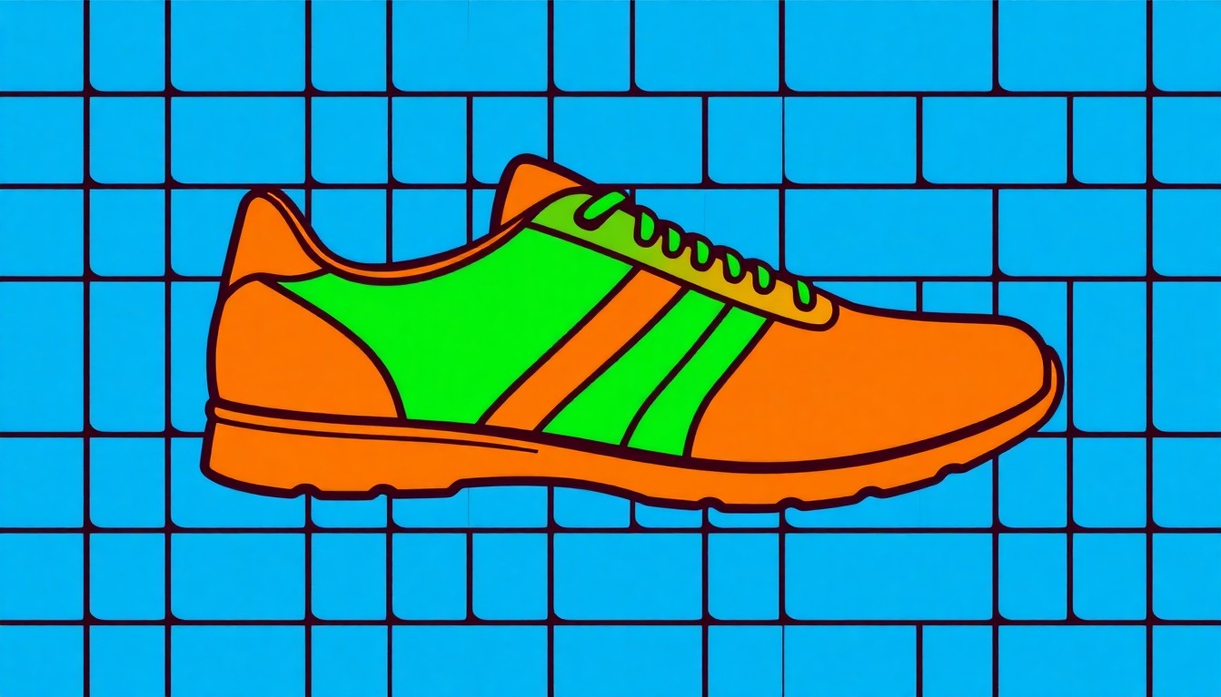 A brightly colored, abstract silkscreen print of a running shoe repeated in a grid pattern, representing the energy and unity of the Law Enforcement Torch Run event for the Special Olympics.