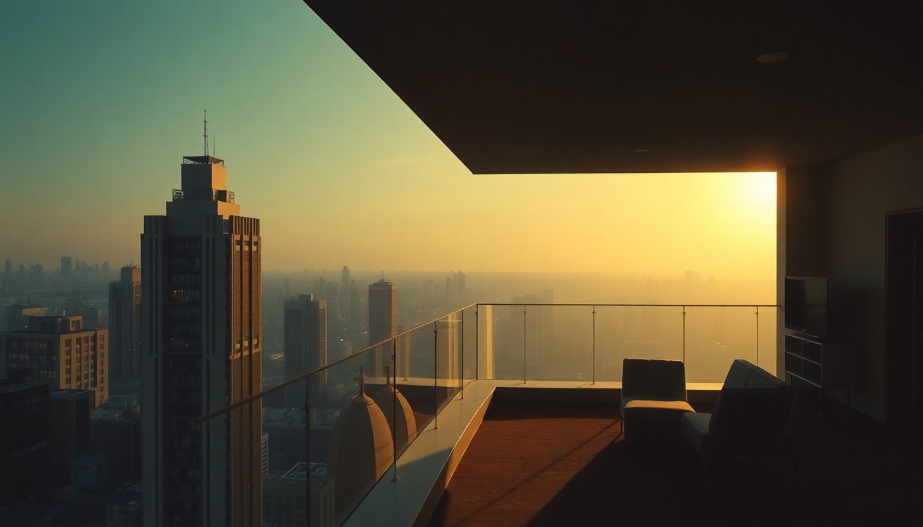 A dimly lit, cinematic painting of a luxurious penthouse apartment, with warm sunlight streaming through the windows and deep shadows cast across the room, conceptually illustrating the debate over taxing luxury second homes in New York City.