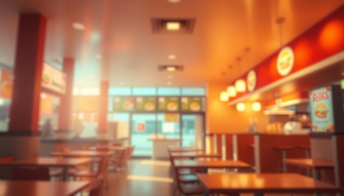 An extremely abstracted, out-of-focus photograph of a fast-food restaurant interior, with soft, warm pools of light and color creating a dreamlike, atmospheric quality that conceptually represents the emotional impact of a life-changing scholarship opportunity.