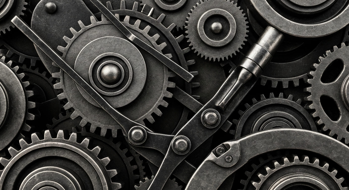 An abstract, cinematic close-up of intricate banking machinery and mechanisms, conveying the complex financial forces impacting OptimizeRx's stock.