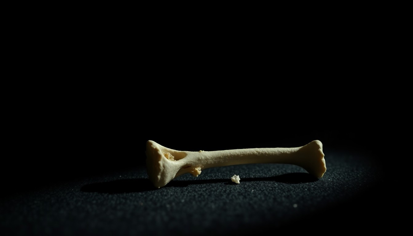 An extreme close-up photograph of a single bone fragment found at the crime scene, lit by a harsh, direct camera flash against a pitch-black background, creating a stark, gritty, investigative aesthetic.