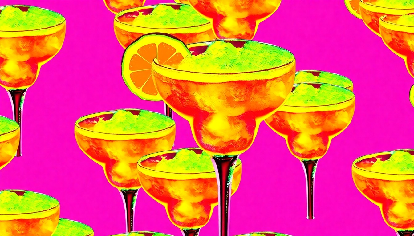 A brightly colored, high-contrast silkscreen print of a frozen margarita glass repeated in a tight grid pattern, conceptually representing the iconic frozen cocktail that became a staple of American dining.