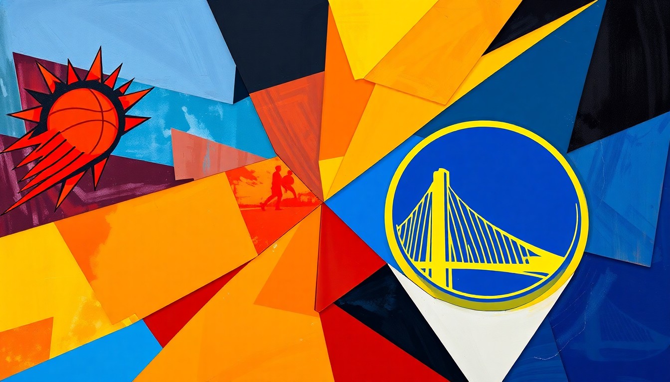 A cubist, geometric painting depicting a fragmented basketball game or match, with sharp, overlapping planes of orange, purple, blue, and yellow representing the Suns and Warriors colors.