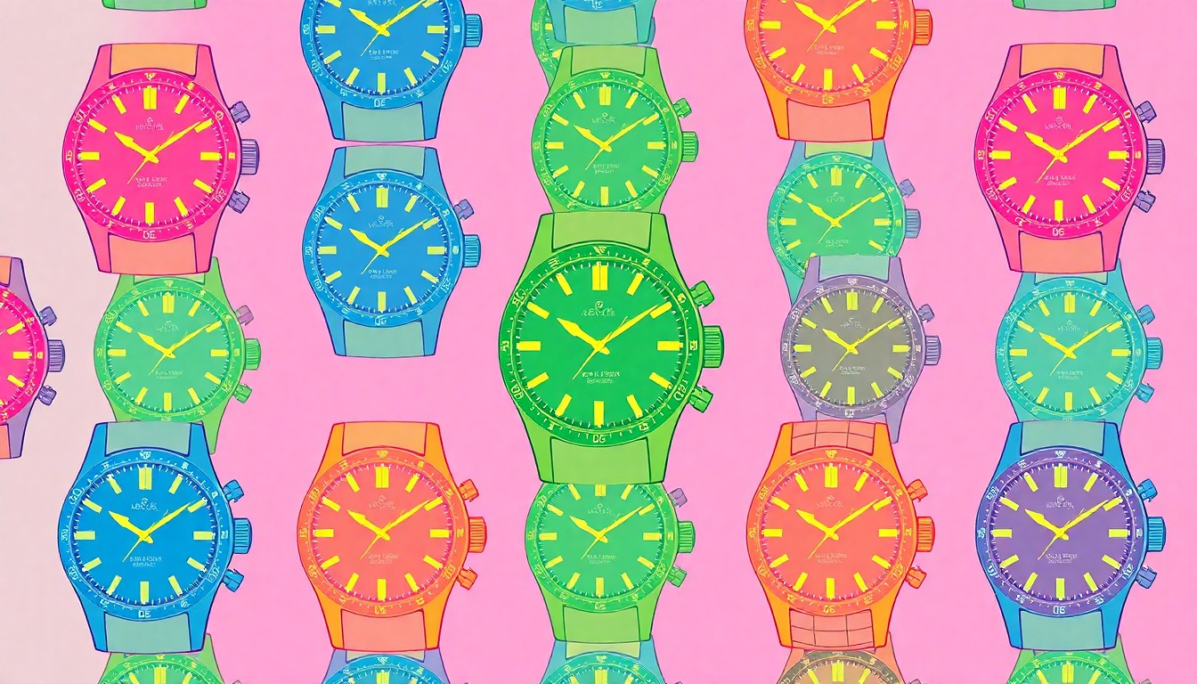 A brightly colored, high-contrast silkscreen print of a classic diver's watch design repeated in a tight grid pattern, utilizing flat, vibrant neon color palettes and heavy black outlines to transform the everyday timepiece into a modern pop art piece.