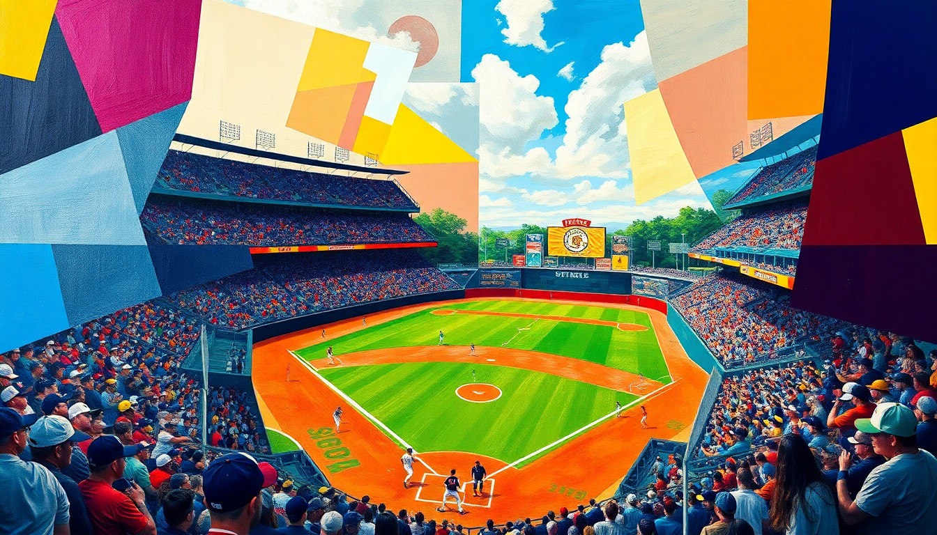 A dynamic, abstract painting using sharp geometric shapes and vibrant team colors to represent the intensity of a college softball double header between two rival squads.